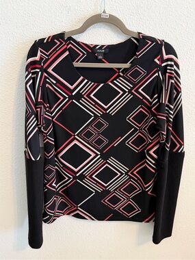 Alfani Black Geometric Long Sleeve Top with Pink & White Accents